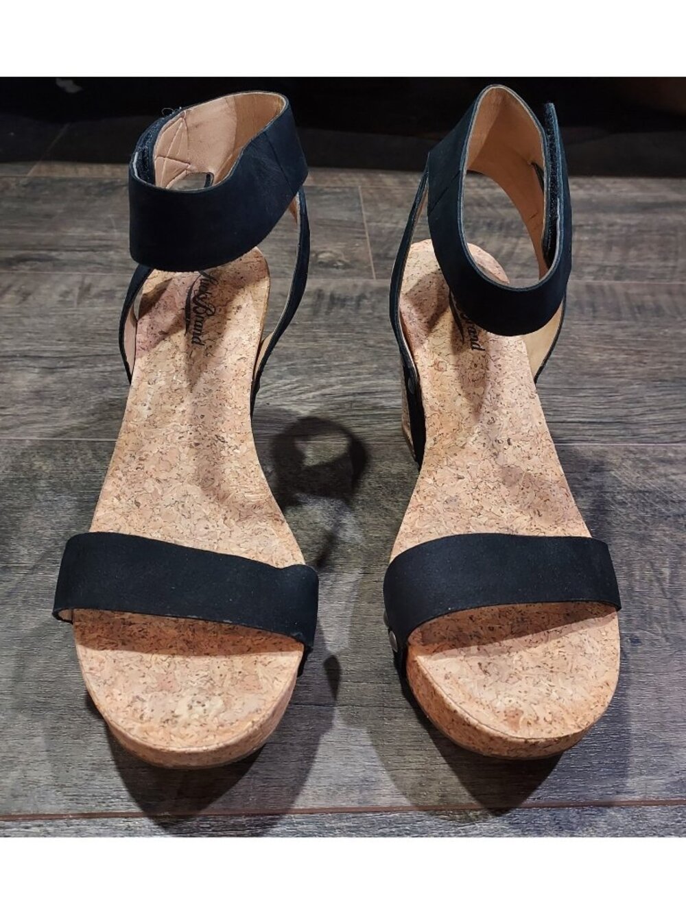 Lucky Brand Black Suede Sandal Ankle Strap Cork Wedge Heel Size7.5M USA Mcdowell - Picture 2 of 9